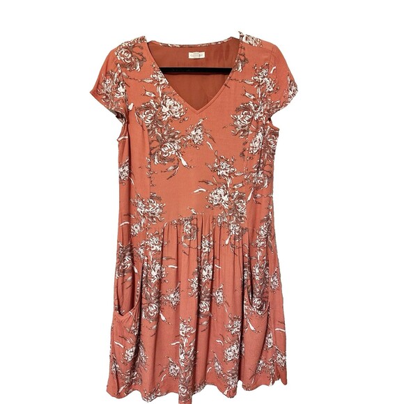 GARNET HILL muted coral Floral Viscose Short Sleeve Dress - 6 - Picture 2 of 11